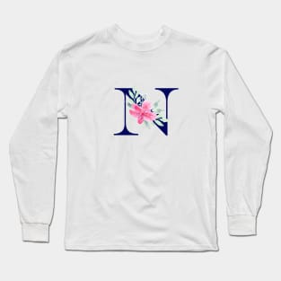 Watercolor Floral Letter N in Navy Long Sleeve T-Shirt